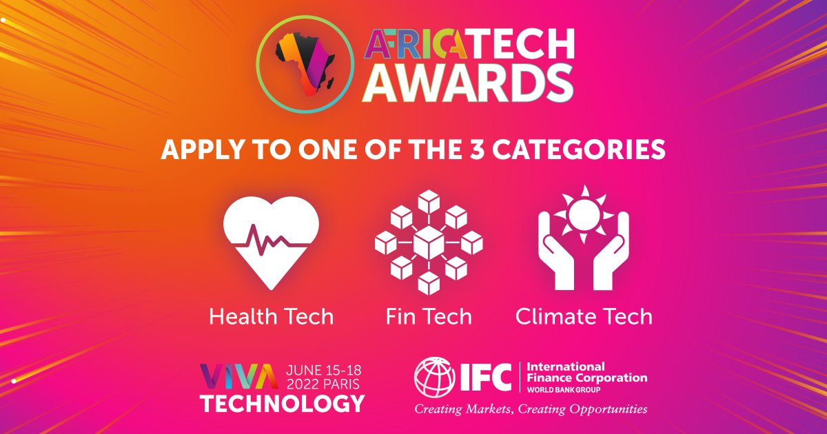 IFCEurope's tweet photo. ⌛️ Only 2 days left to apply to the #AfricaTechAwards2022 launched by @VivaTech &amp; @IFC_org with your #climatetech, #healthtech or #fintech solution for a chance to exhibit at #VivaTech https://t.co/pGbnxaM5hR https://t.co/RMcoJFQc1N