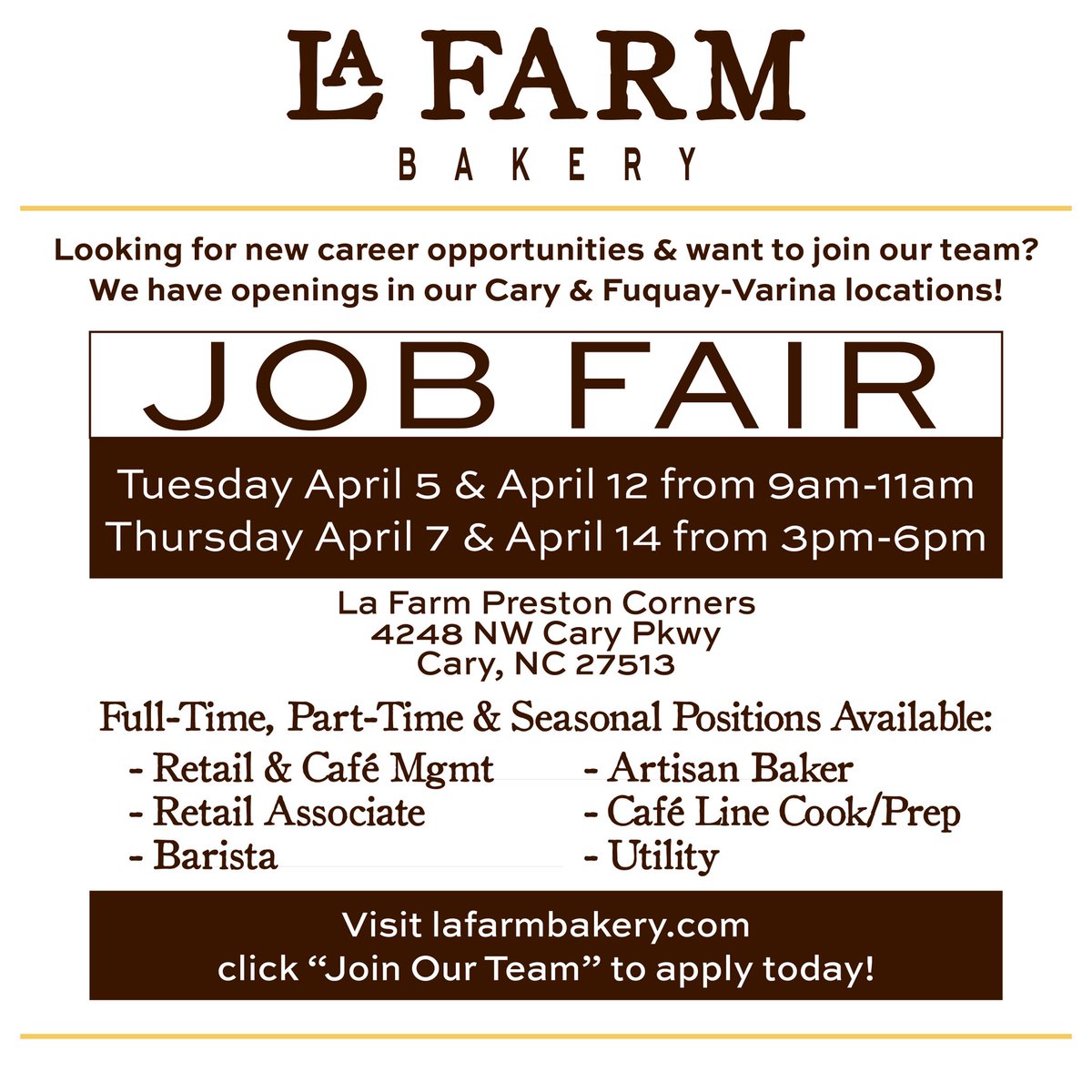 La Farm Bakery (@lafarmbakery) on Twitter photo Come grow with us! La Farm Bakery is hosting a job fair on Tuesday April 5th & 12th from 9am-11am and Thursday April 7th & 14th from 3pm-6pm. Come grow with us! La Farm Bakery is hosting a job fair on Tuesday April 5th & 12th from 9am-11am and Thursday April 7th & 14th from 3pm-6pm.