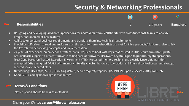 LibreWireless's tweet photo. WE ARE HIRING! Join Libre Wireless at our Bangalore Campus. Send your profiles to careers@librewireless.com #hiring #bangalorehiring #Libre #India #career https://t.co/wSZoWtwjQx