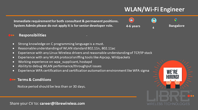 LibreWireless's tweet photo. WE ARE HIRING! Join Libre Wireless at our Bangalore Campus. Send your profiles to careers@librewireless.com #hiring #bangalorehiring #Libre #India #career https://t.co/wSZoWtwjQx
