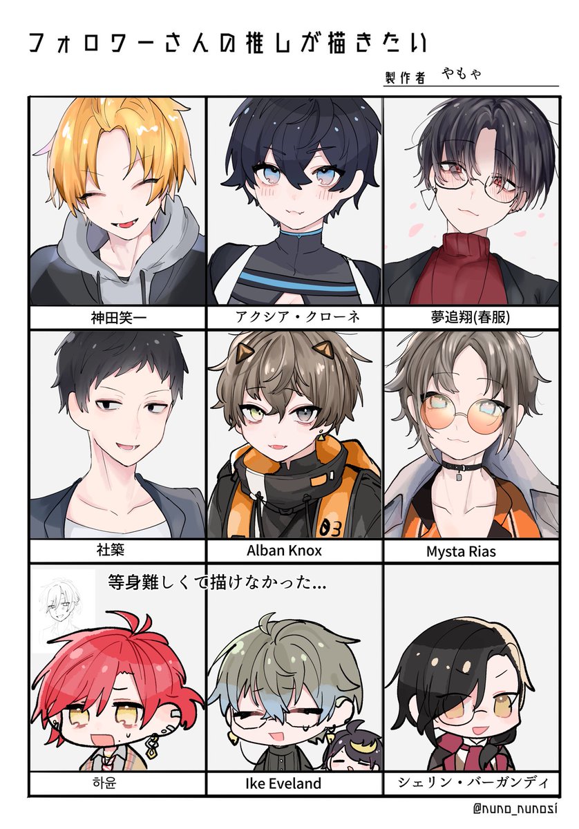 #フォロワーさんの推しが描きたい
遅くなりました!🙇‍♀️リプくれた方々ありがとうございました〜!
最後まで等身で描く事が出来なかったし絵柄は定まってないし下手だし...本当にすみません。でも等身練習楽しかったです!

リプ欄にそれぞれ枠で隠れて見えない部分とか貼ってあります⤵︎ ︎ 