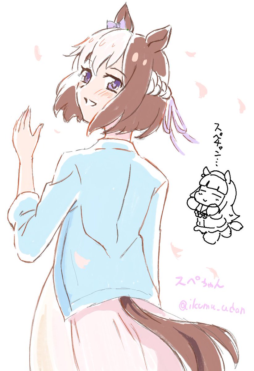 てんさんの所にお邪魔して描きました!!
てんさんと久しぶりの絵チャ楽しかったです☺️✨
(イラストに写っているのは冴島さん作スズカさん!) https://t.co/8hhsxRQ9uA 