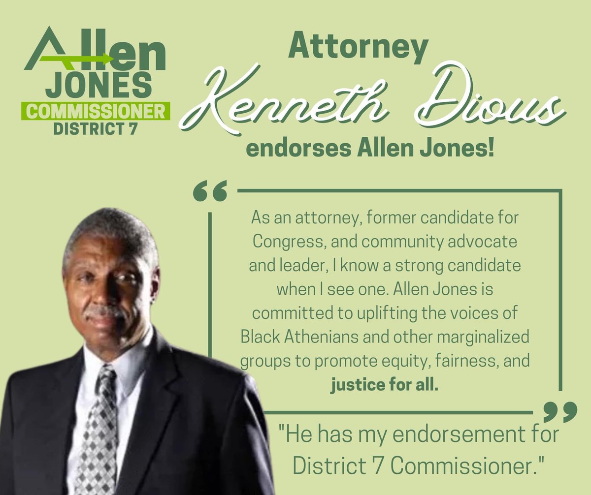 Allenfor7's tweet photo. Another day, another huge endorsement for Team Allen! Attorney and community leader Kenneth Dious has endorsed #AllenFor7
#athensga #gapol #athensgeorgia https://t.co/kDqOw4oPrp