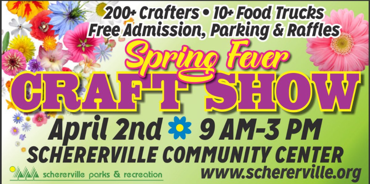 SchererParksRec's tweet photo. The #Schererville Spring Fever Craft Show returns tomorrow!

Free admission, free parking, free raffles. Tons of crafters and food trucks!

9am-3pm at the Community Center (500 E. Joliet). Hope to see you out there!! https://t.co/pVFJ92SXVs
