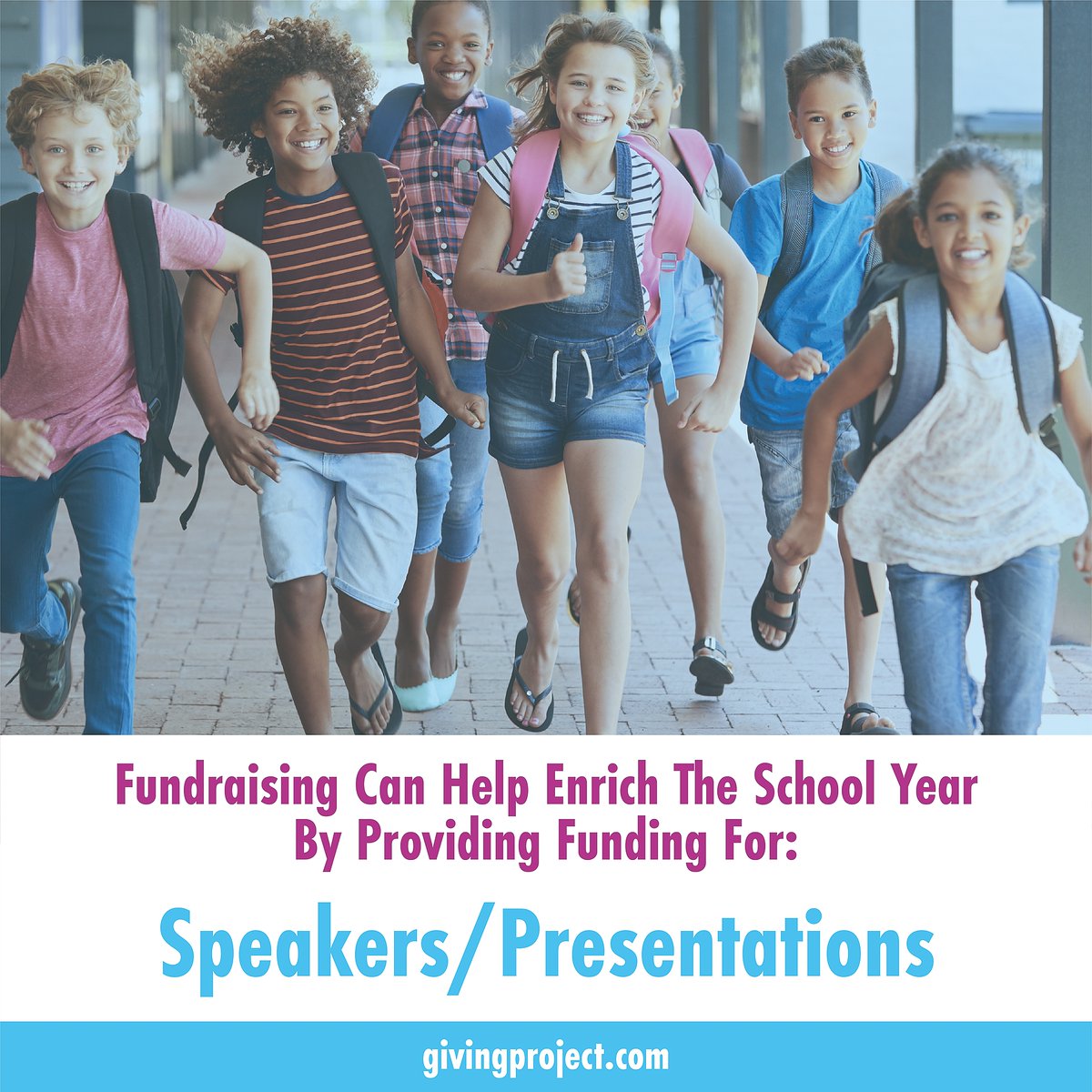 Bringing in speakers and other performing acts to the school is a great way to entertain and educate students. Fundraising is a great way to have resources available to bring in these opportunities as they come up. givingproject.com/schools/.