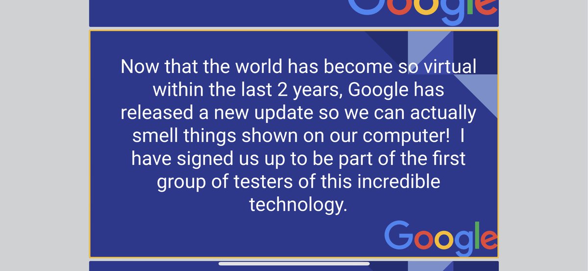 ms_christo's tweet photo. What an exciting opportunity to be part of Google’s Nose Beta testing group! This technology will change the future of Google! Ss loved this technology!! #googlenose #technology #grade1 #grade2 #AprilFools  @silverspringsps https://t.co/s2560AF5ZJ