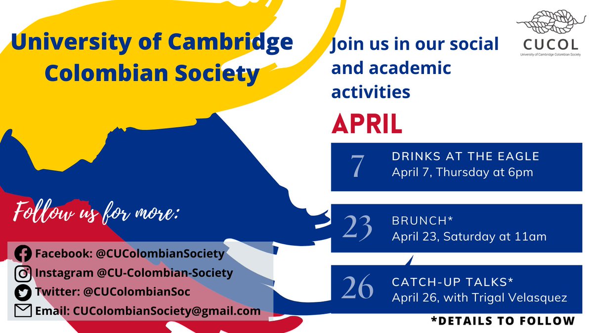 CUColombianSoc's tweet photo. Join us for our events in April. We'll start with drinks this coming Thursday, April 7th at The Eagle Pub at 6 pm. Nos vemos! https://t.co/nVD3sgJcuh
