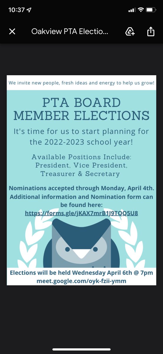 You are invited! 
PTA BOARD MEMBER ELECTIONS
2022-2023 School Year 
All Positions Open!

Nominations accepted through 4/4. 

More Info: 
forms.gle/jKAX7mrB1J9TQQ… 

Elections will be held Wednesday April 6th @ 7pm 
meet.google.com/oyk-fzii-ymm