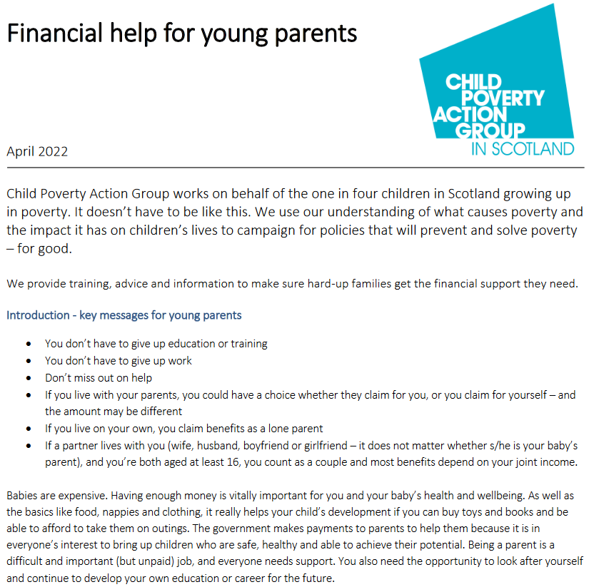 CPAGScotland's tweet photo. Updated version of our 'Financial help for young parents' factsheet is now available online and as a PDF https://t.co/mNhr2kRKAh https://t.co/ObeYS19ZyB