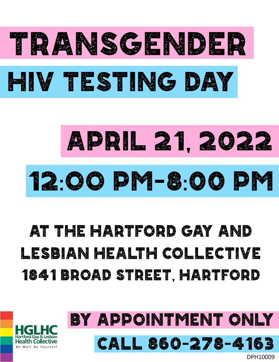 theHCCT's tweet photo. Also coming up: #Transgender #HIV Testing Day on April 21! Come get tested for HIV and STI's in a safe and affirming space. Call for an appointment: 860-278-4163. #transgenderhivtestingday #trans #hartfordct https://t.co/tsbVFc02td