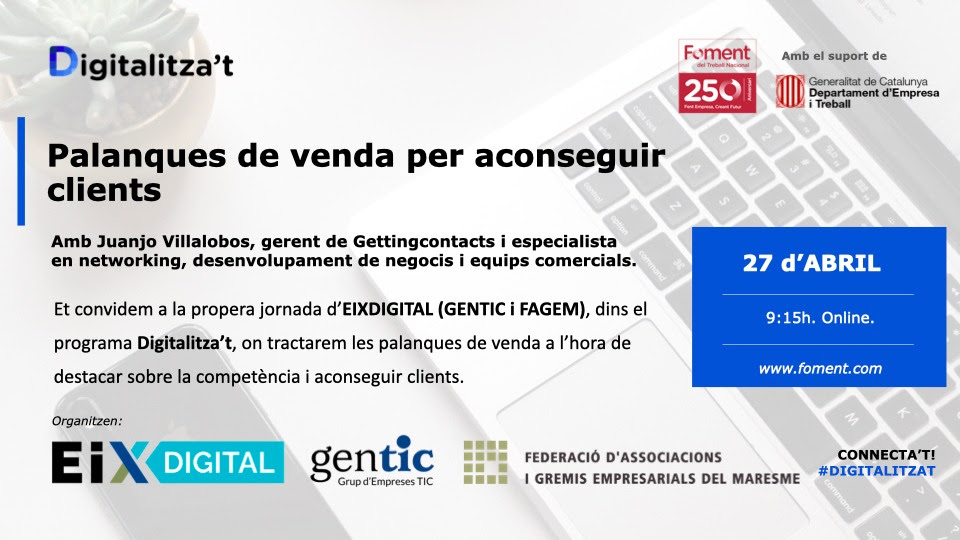 FAGEM_empresa's tweet photo. NOU ACTE #EixDIGITAL: Palanques de venda per aconseguir clients. Et donem eines per ajudar-te a destacar sobre la competència. Sessió a càrrec de Juanjo Villalobos @gettingcontacts #digitalitzat
🗓 dimecres 27 d'abril
🕘 9.15 hores
🖍 https://t.co/bdH5NRgWEB https://t.co/oDzb9IpxyD