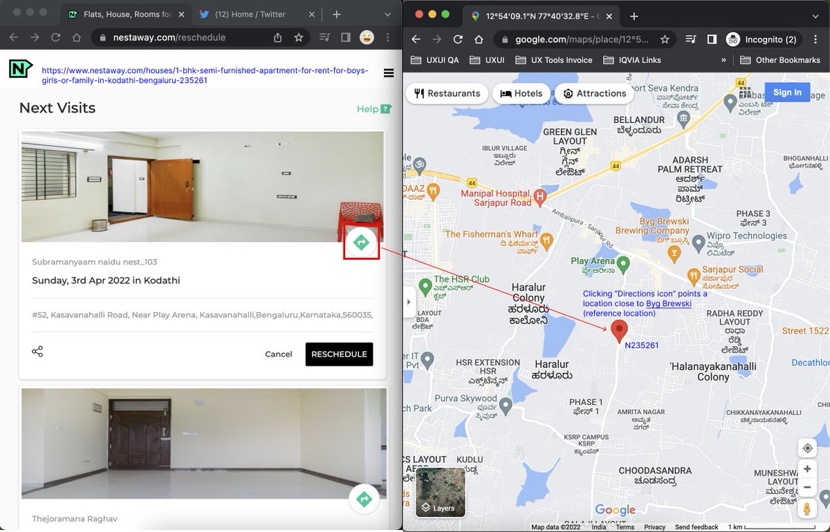 ponpaljohnson's tweet photo. @NestAwayCare @amarendrasahu Confusing endusers, intentional? Means clicking "Show on map" in "house details" page &amp; "directions-icon" in "scheduled visits" page - opens map pointing 2 different locations while it must point same location for a house ID #MyExperiencewithNestaway https://t.co/c5s2dp63qx