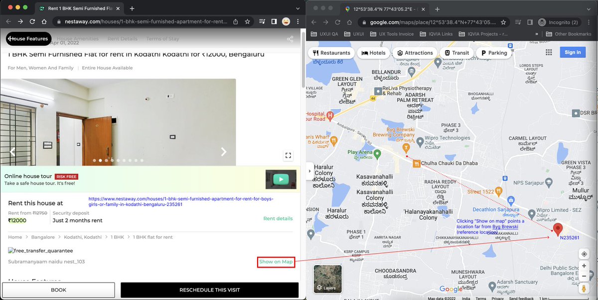 ponpaljohnson's tweet photo. @NestAwayCare @amarendrasahu Confusing endusers, intentional? Means clicking "Show on map" in "house details" page &amp; "directions-icon" in "scheduled visits" page - opens map pointing 2 different locations while it must point same location for a house ID #MyExperiencewithNestaway https://t.co/c5s2dp63qx