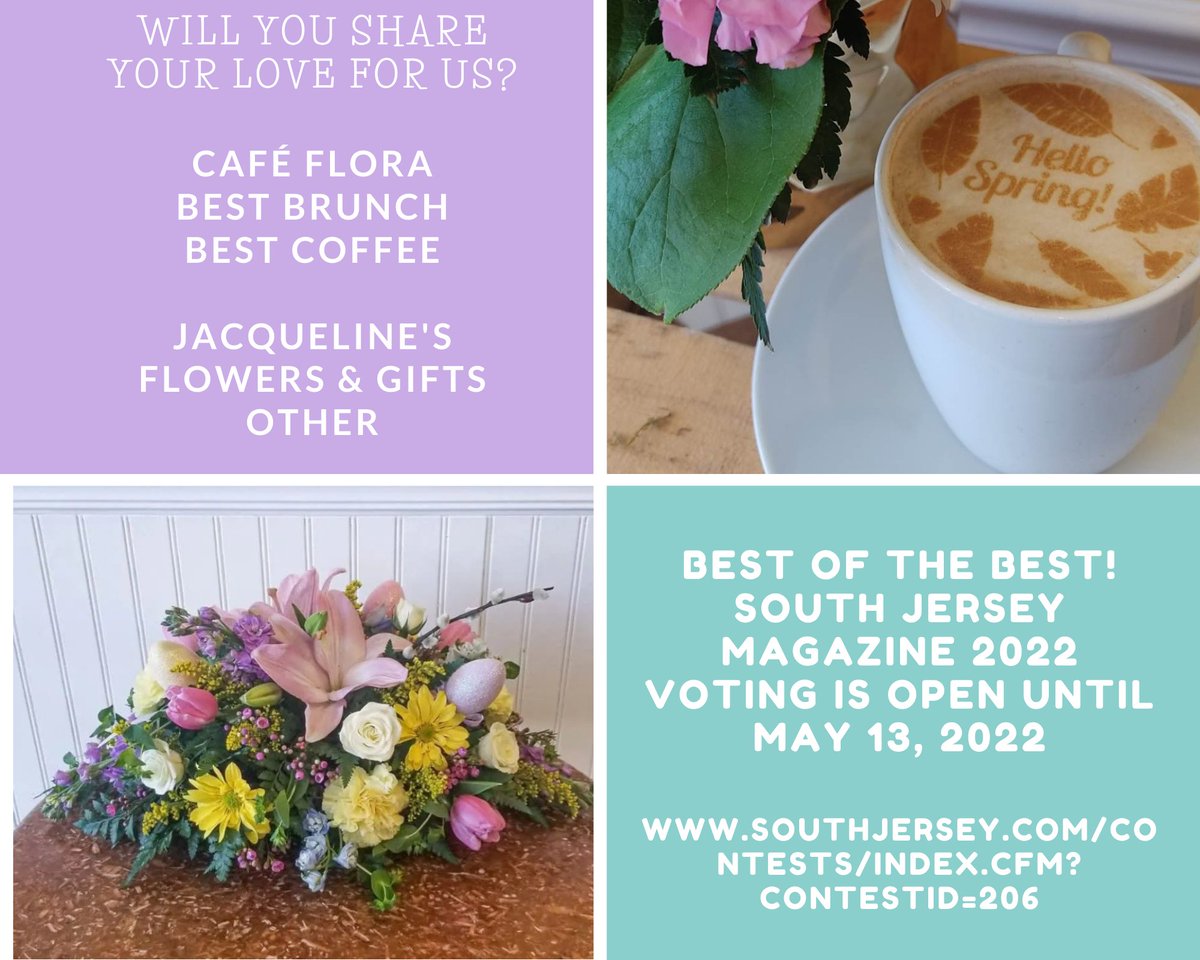 CafeFloraNJ's tweet photo. Will you show us some love?

Best of the BEST South Jersey Magazine voting is now open!

https://t.co/ta9C4U9qkL https://t.co/N0B8FY0X6M
