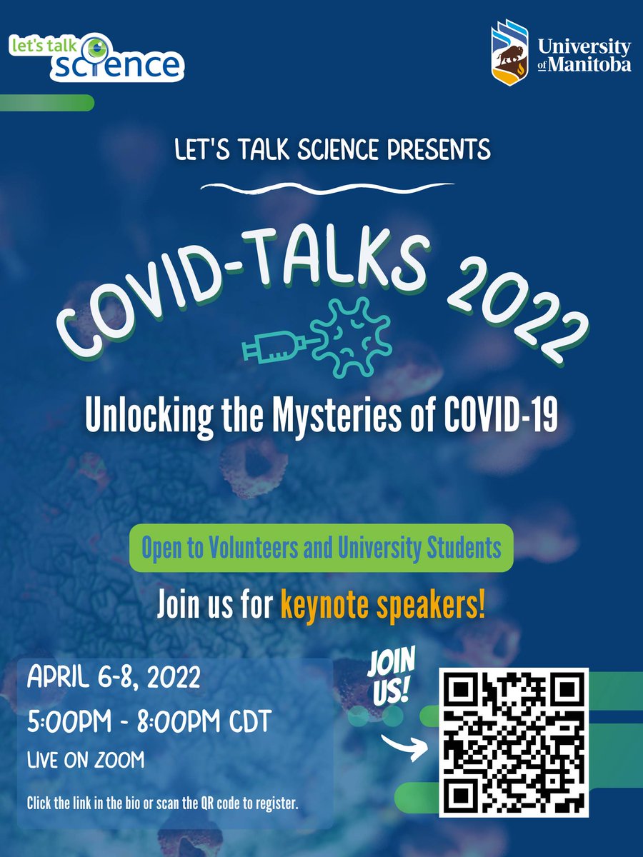 umanitobasci's tweet photo. UM Lets Talk Science presents: COVID-Talks Symposium happening April 6, 7, and 8!
Join @lts_uofm for unique topics each day on ZOOM!
🔗 Head over to https://t.co/r6KWxazd1Y to sign up!
#umanitoba #umanitobasci #umstudent #ltsuofm #sciencetalks #covidtalks #scicomm #sciencetalk https://t.co/7RqF1p9cxF