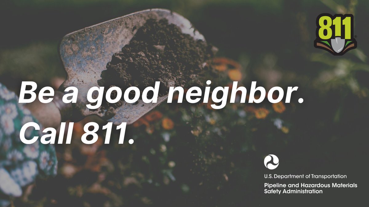 PHMSA_DOT's tweet photo. Happy National Safe Digging Month!

PHMSA encourages everyone to call 811 a few days before any digging project. This simple act helps prevent damage to underground utilities, which can cause harm to your neighbors &amp; the environment.

Visit https://t.co/YLKiv28Fz8 for more info. https://t.co/YghivXFNdK