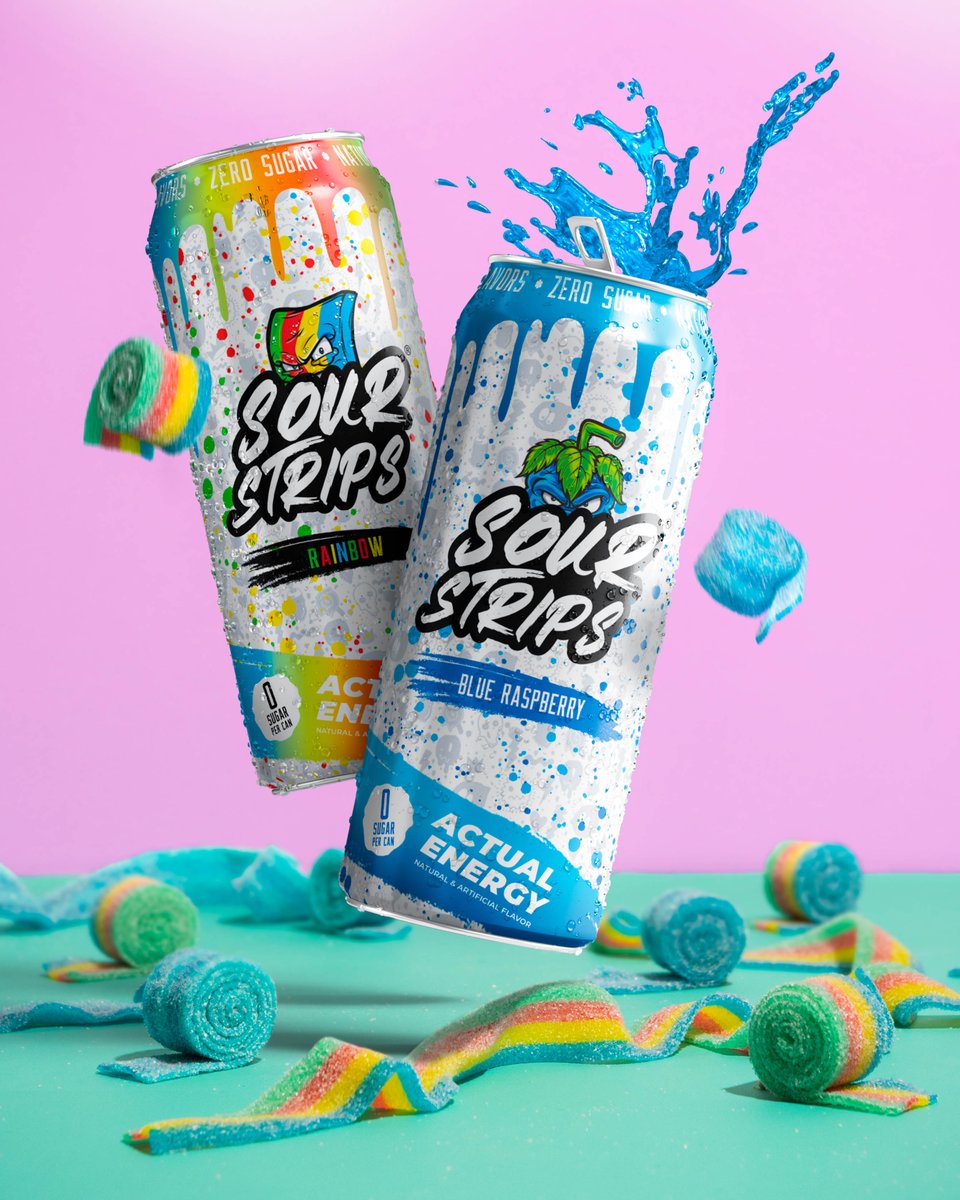sourstripscandy's tweet photo. Introducing ACTUAL ENERGY 🔋 Experience the mouth watering flavors you all know and love, now in an ice cold refreshing drink!

Sour Strips Energy ⬇️
⚡️200mg of caffeine
🚫0g of sugar per can
💦Two delicious flavors

Popping up nationwide in retail and on our website April 31st! https://t.co/qiuLbhU7Xz