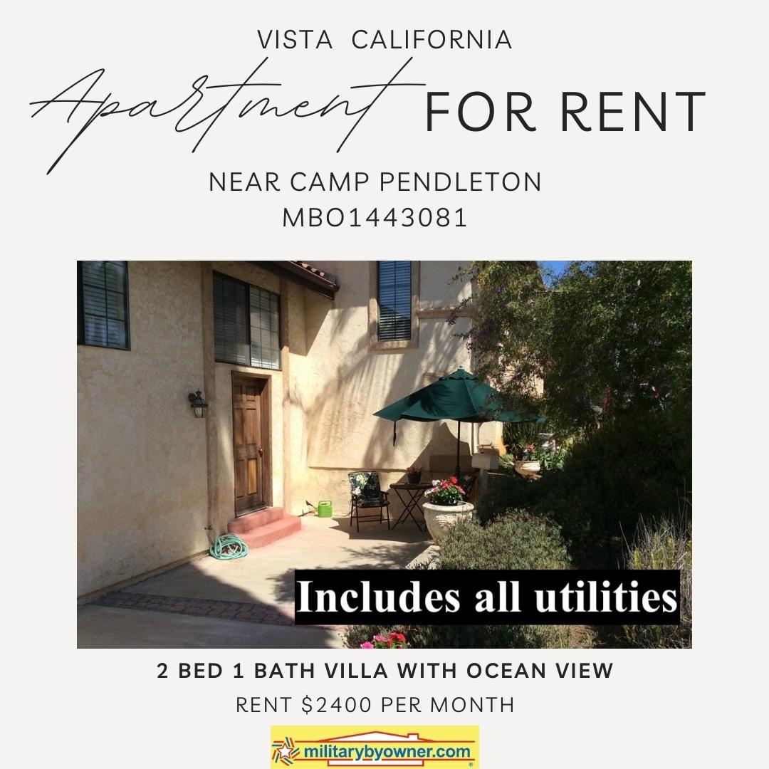 This lovely 2 bedroom private #villa with OCEAN VIEW is in the quiet foothills of Vista CA.  Washer and dryer &amp; plenty of storage. Sorry no pets or smoking and a maximum of 2 people. #pcs #militarybyowner

View ALL details, photos and contact info HERE 👉 bit.ly/3JZpCrB