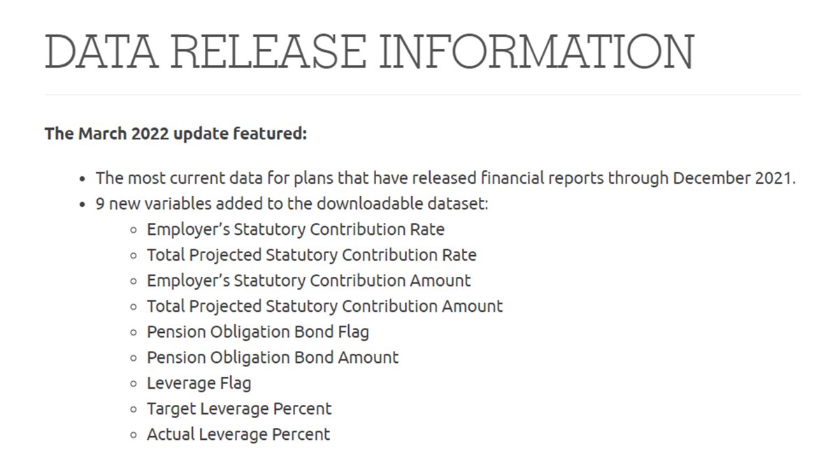 PublicPlansData's tweet photo. This database has been updated to include the most current data for plans that have released financial reports through 12/21 and 9 new variables. https://t.co/WaOwZiQiJp @MSQInstitute @RetirementRsrch @PensionDialog @GFOA #StateandLocal #PublicPensions #Muniland https://t.co/78ykqJ6A13