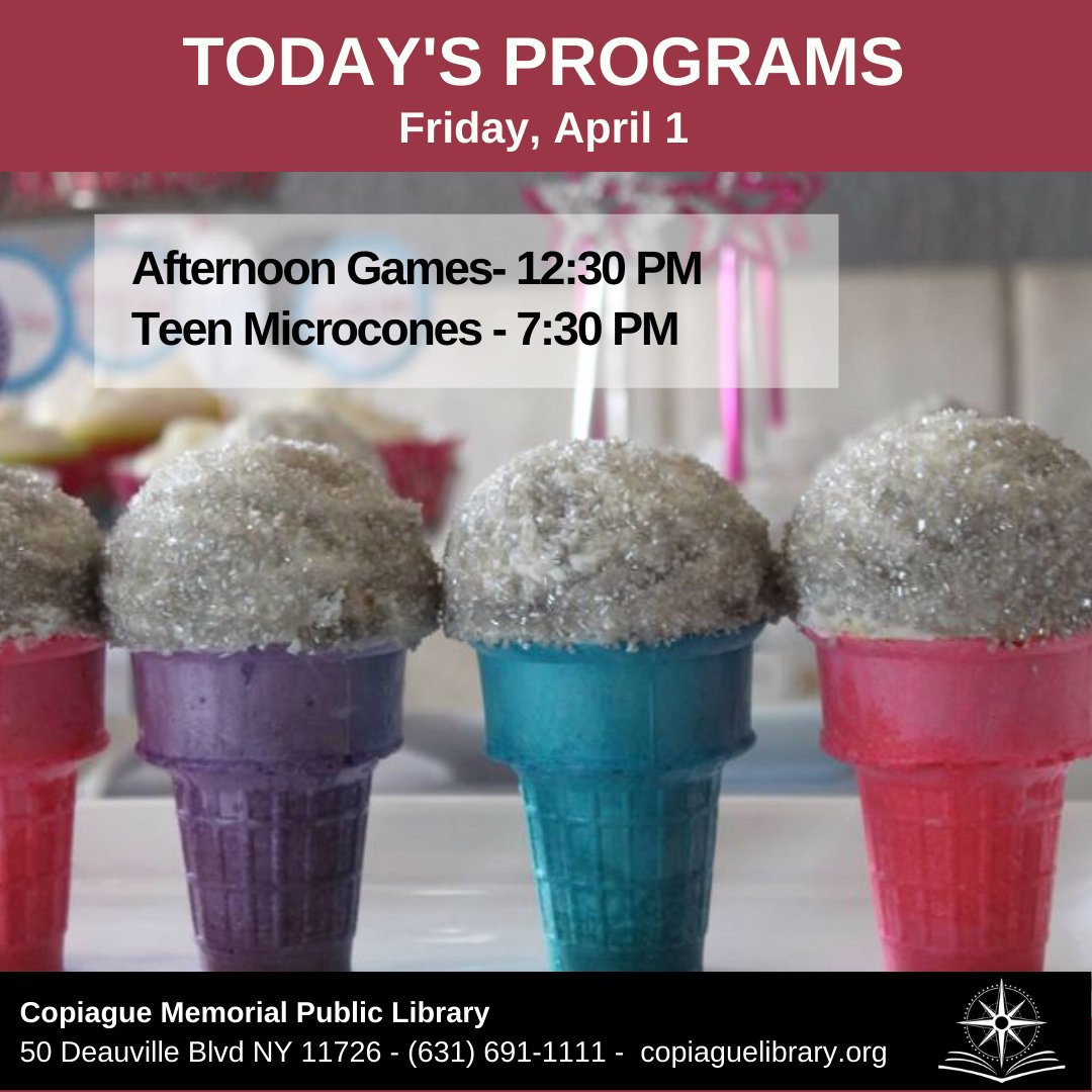 CopiagueLibrary's tweet image. Don&apos;t miss today&apos;s programs!
copiaguelibrary.org

#Microcones #CopiagueNY #CopiagueLibraryPrograms #Teencupcakes #CopiagueGaming #TeenPrograms