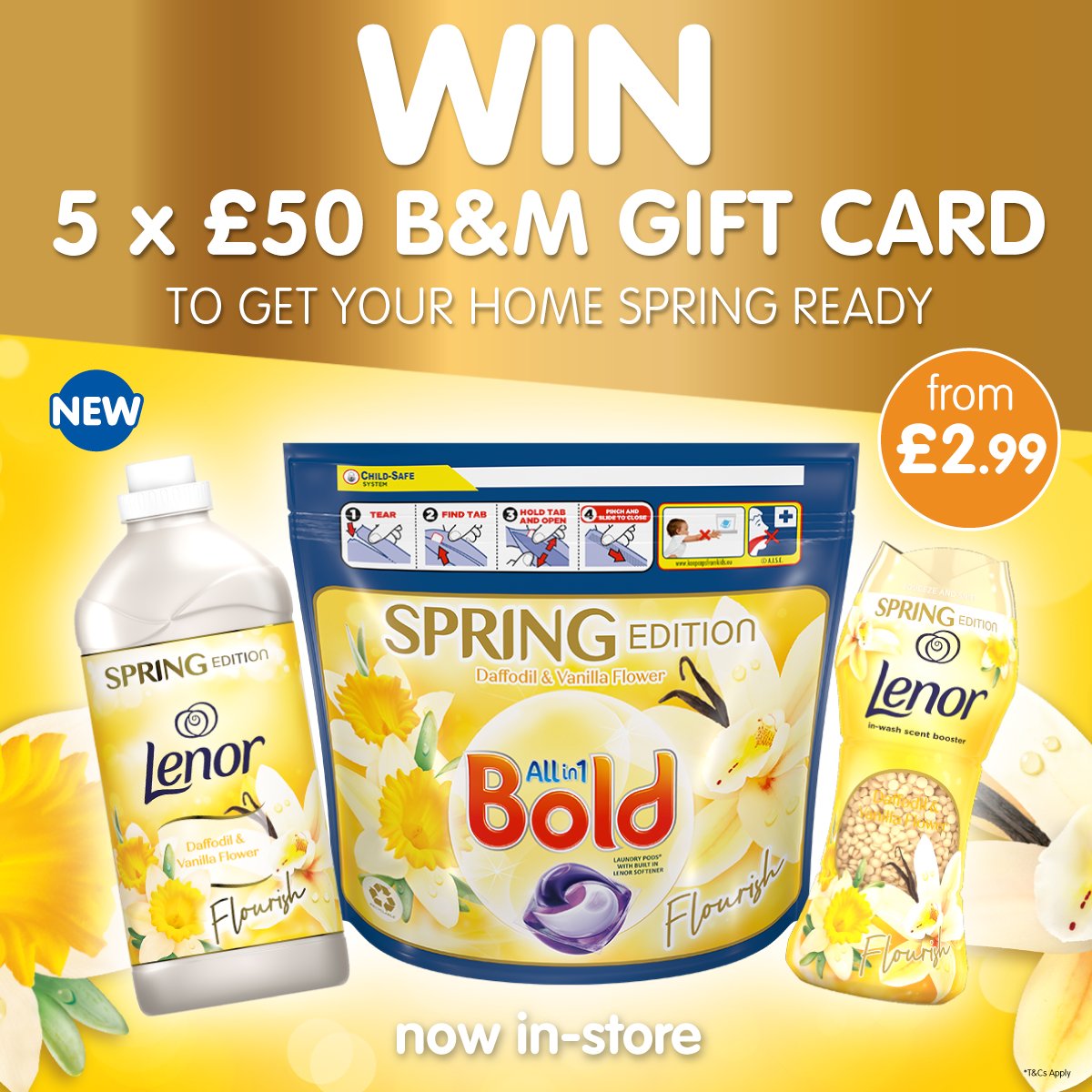 bmstores's tweet photo. 💛 #COMPETITION TIME 💛

We're celebrating the launch of this NEW spring edition, daffodil scented #Lenor &amp; #Bold!

There's FIVE chances to #WIN a £50 B&amp;M gift card - simply 

1) FOLLOW US
2) RT
3) COMMENT WHAT you'd spend the voucher on!

Competition ends 9am 8/4/22 https://t.co/X0GJmH8Q8T