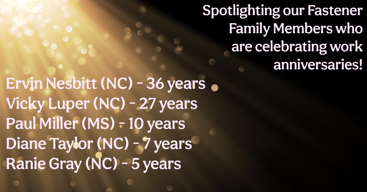 SFandS_LLC's tweet photo. Celebrating some stars in our Fastener Family. Happy work anniversary to each of you and thank you for all that you do. 

#mysfas #southernfastenersandsupply #weloveouremployees #fastenerfamily https://t.co/hzMLrN80rV
