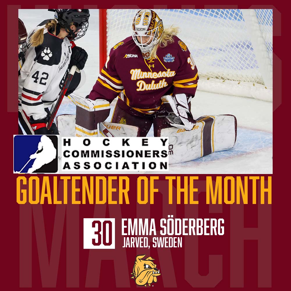 .<a href="/UMDWHockey/">UMD Women's Hockey</a>'s Soderberg Named HCA's National Goaltender of the Month for March

Story: umdbulldogs.com/news/2022/4/1/…