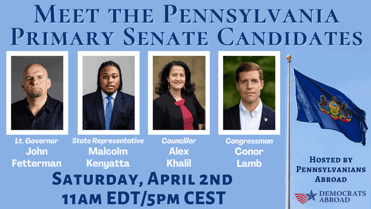 DemsAbroadGBC's tweet photo. MEET THE PRIMARY CANDIDATES - PENNSYLVANIA SENATE RACE
https://t.co/FzFkIpUUan
#MeetTheCandidates #Pennsylvania #Primary #Senate #DemsAbroad #GlobalBlackCaucus #VoteFromAbroad #BlackVotesMatter #StateTeams https://t.co/kc0u4F8sku