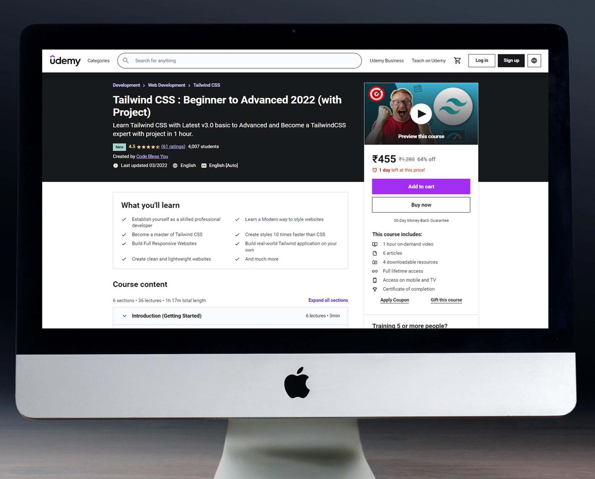 Code_BlessYou's tweet image. My First Tailwind CSS Full course 4.5 Star🌟 Rating on Udemy🤩👇 #tailwind #CSS2022 #udemycourse