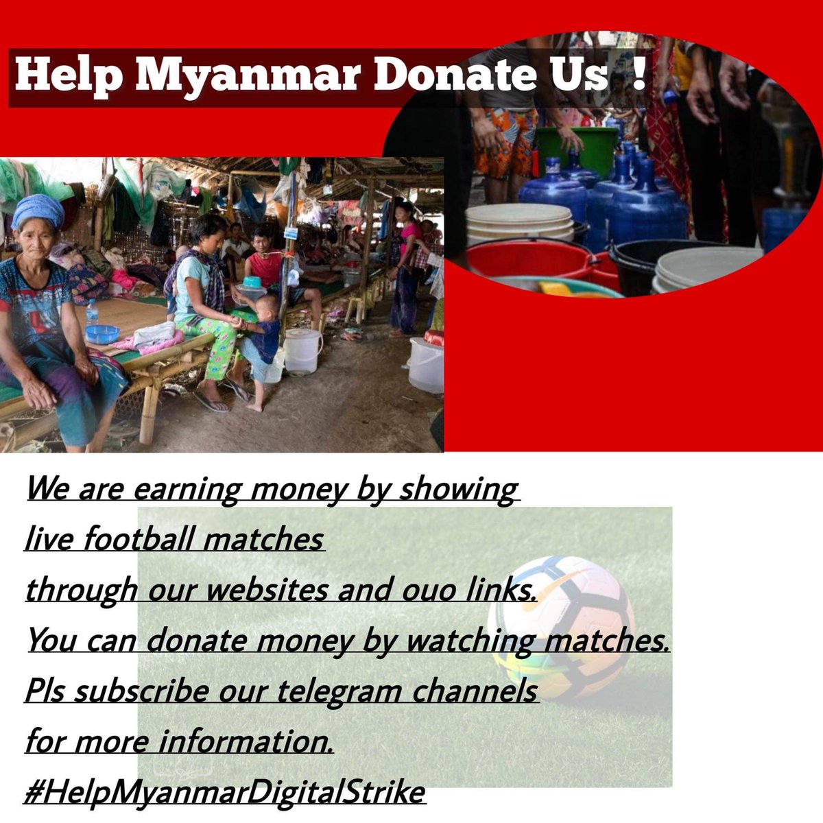 FFFanssss's tweet photo. Donate money while watching live football matches for displaced people and CDM staffs.We need help and awareness from intl football society. #HelpMyanmarDigitalStrike
https://t.co/fZHbGmeTN4 https://t.co/rMuxyTETJB