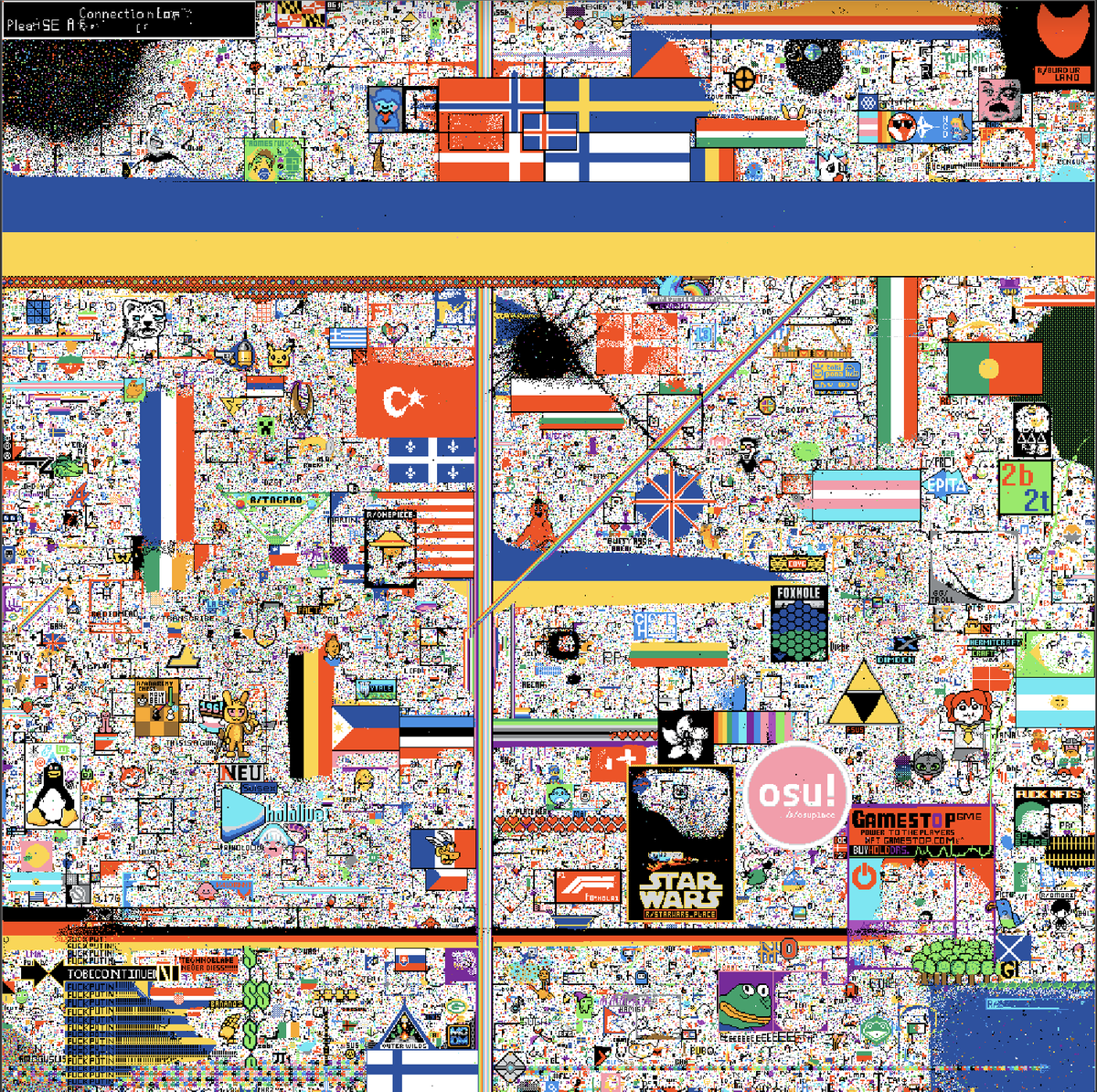 nft_snapshot's tweet photo. #RedditPlace #SupportUkraine 

As for now, the main theme is the Ukrainian flag 🇺🇦 https://t.co/ggabsbmV68