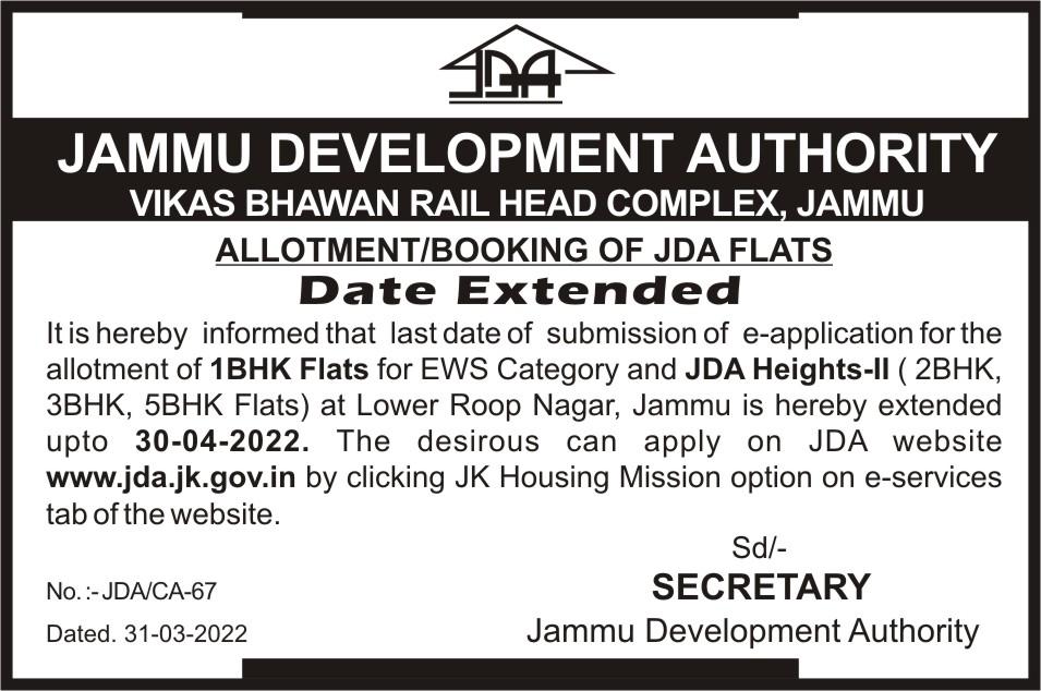 AuthorityJammu's tweet photo. Date of Application/Booking of JDA Flats extended up to 30-04-3022 for EWS Category &amp; JDA Heights-2 at Lower Roop Nagar, Jammu https://t.co/Jn6Mp9mKVD