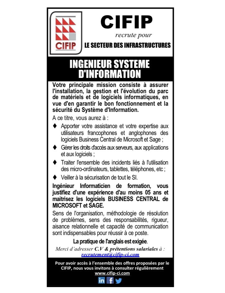 Cifipcabinet's tweet image. Le CIFIP
recrute pour le secteur des Infrastructures
UN INGENIEUR SYSTEME D&apos;INFORMATION

Merci d’adresser C.V &amp;amp; prétentions salariales à :
recrutement@cifip-ci.com

#offreemploi 
#systemeinformation
#securiteinformatique 
#logiciel 
#businesscentral
#recrutement 
#informatique