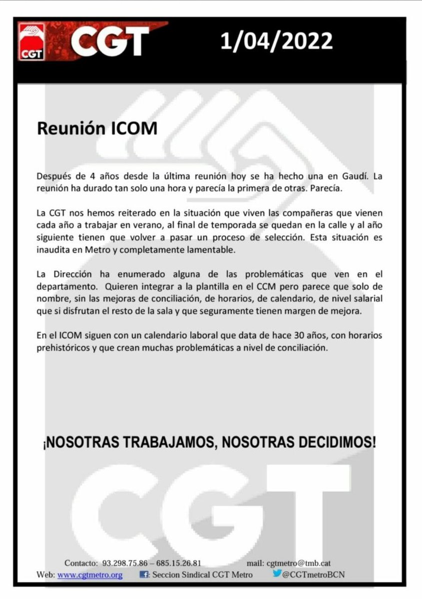 Us deixem dos resums de reunions.
La de #VagaPuntsTMB de dimecres i la d'ICOM d'avui a #MetroBcn
Qui no lluita, no guanya 🔴⚫
