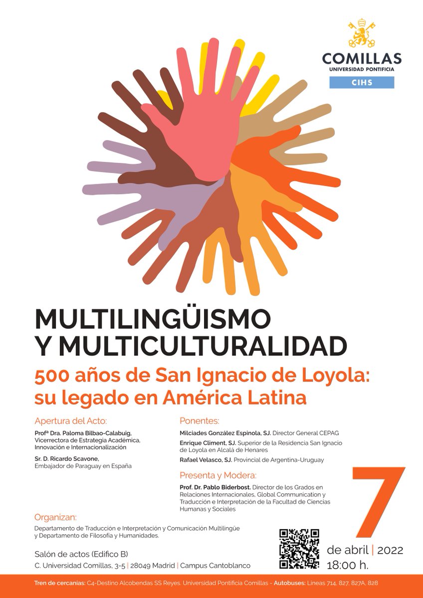 <a href="/EmbaparEspana/">Embajada del Paraguay en España</a> y <a href="/UCOMILLAS/">Universidad Pontificia Comillas</a>
organizan la Conferencia MULTILINGÜISMO Y MULTICULTURALIDAD: jueves 7 de abril, 18:00 hs. en el Salón de Actos, Campus Cantoblanco, de la Universidad Comillas: goo.gl/maps/2szRD9dd7… 
Se podrá seguir dicha conferencia on-line: eu.bbcollab.com/.../caf4a59dd6…