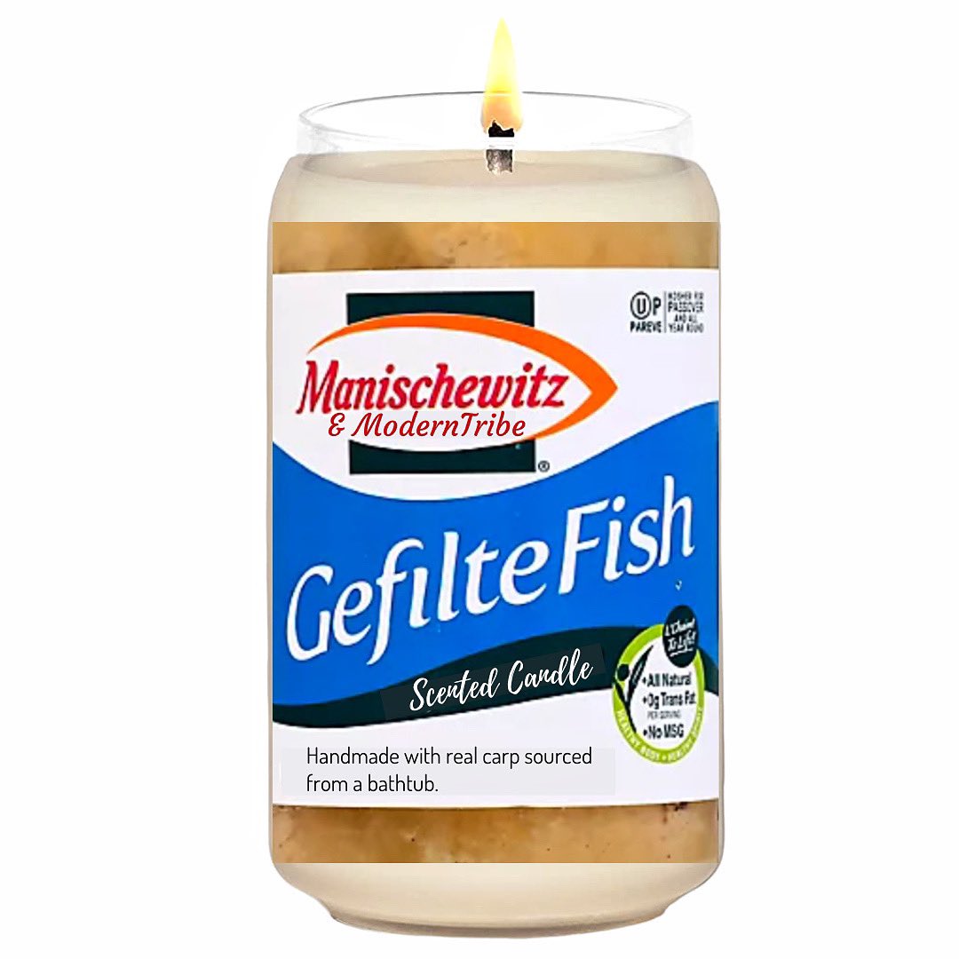 The Gefilte Fish Candle has layers of complex plague-masking aromas:

Top Note: Whitefish, Bubbe's Perfume
Middle Note: Freedom
Base Note: Horseradish, Musk

▪️Handmade with real locally-sourced bathtub carp 
▪️Approximate burn time: 40 years

moderntribe.com/products/gefil…