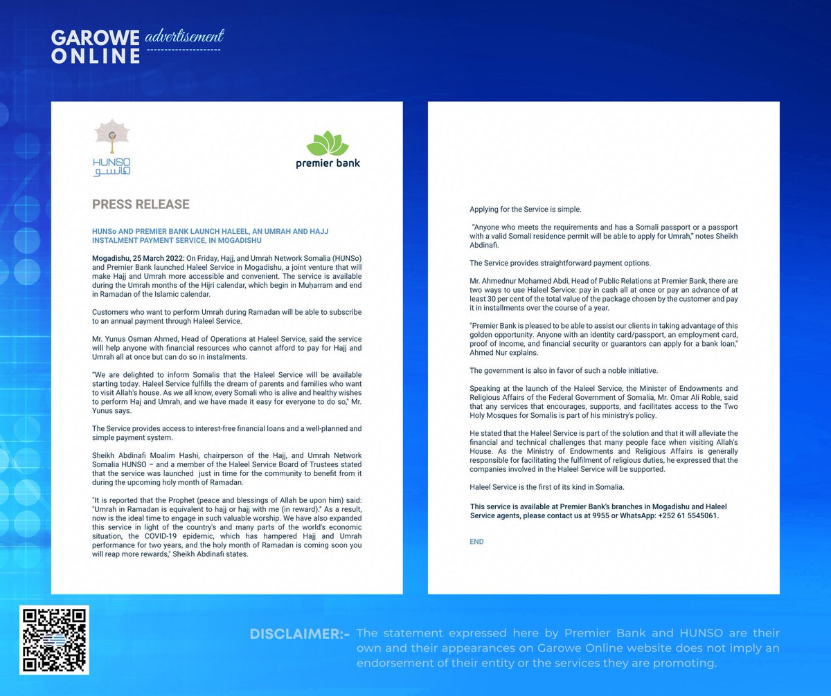 AD. @premierbankso1 and HUNSO launched HALEEL, an Umrah and Hajj installment payment service. Premier Bank customers who want to perform Umrah during #Ramadan will be able to subscribe to an annual payment through HALEEL Services.
#Somalia