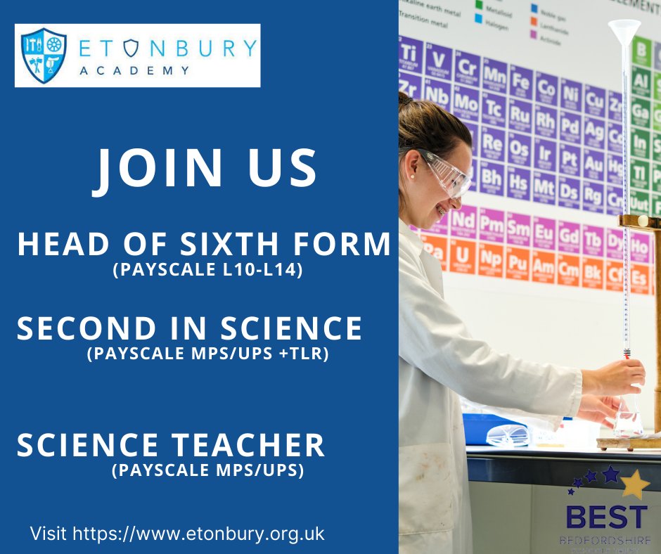 EtonburyAcademy's tweet photo. Fantastic opportunities to develop your teaching and non-teaching careers as we build upon our success.
Go to https://t.co/3DdcVBudgy and join our journey into KS5
#JoinETA
#JoinBEST https://t.co/PHgRb0Ogg3