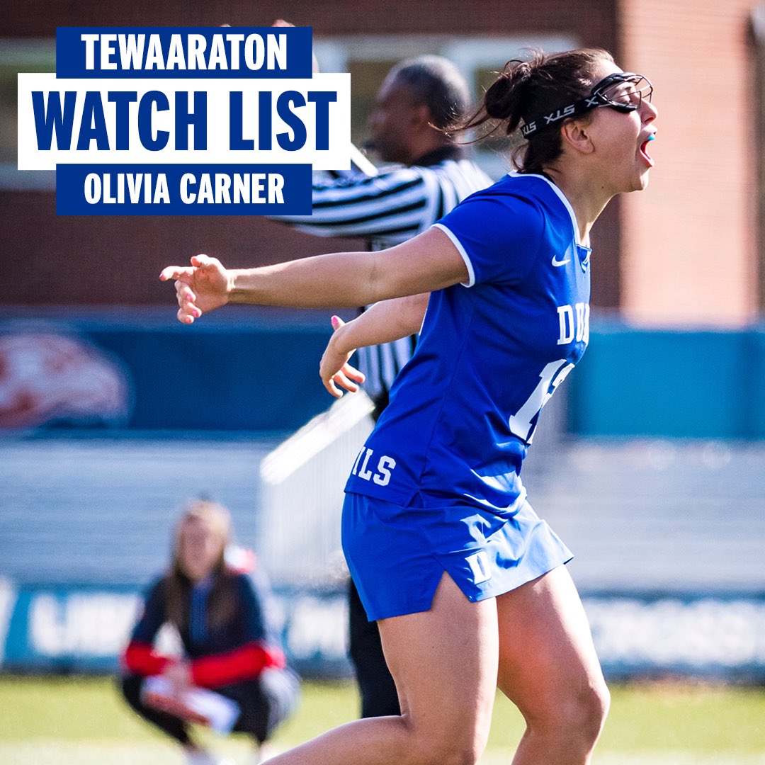 DukeWLAX's tweet photo. Congratulations to Olivia Carner on being added to the Tewaaraton Award Watchlist. So far this season the junior has 24 goals, 19 assists, 12 ground balls and 21 caused turnovers! She’s now the FOURTH Blue Devil on the watchlist! We’re so proud of you, Olivia! 

#GoDuke 🔵😈🥍 https://t.co/8Oqhf5mZr1