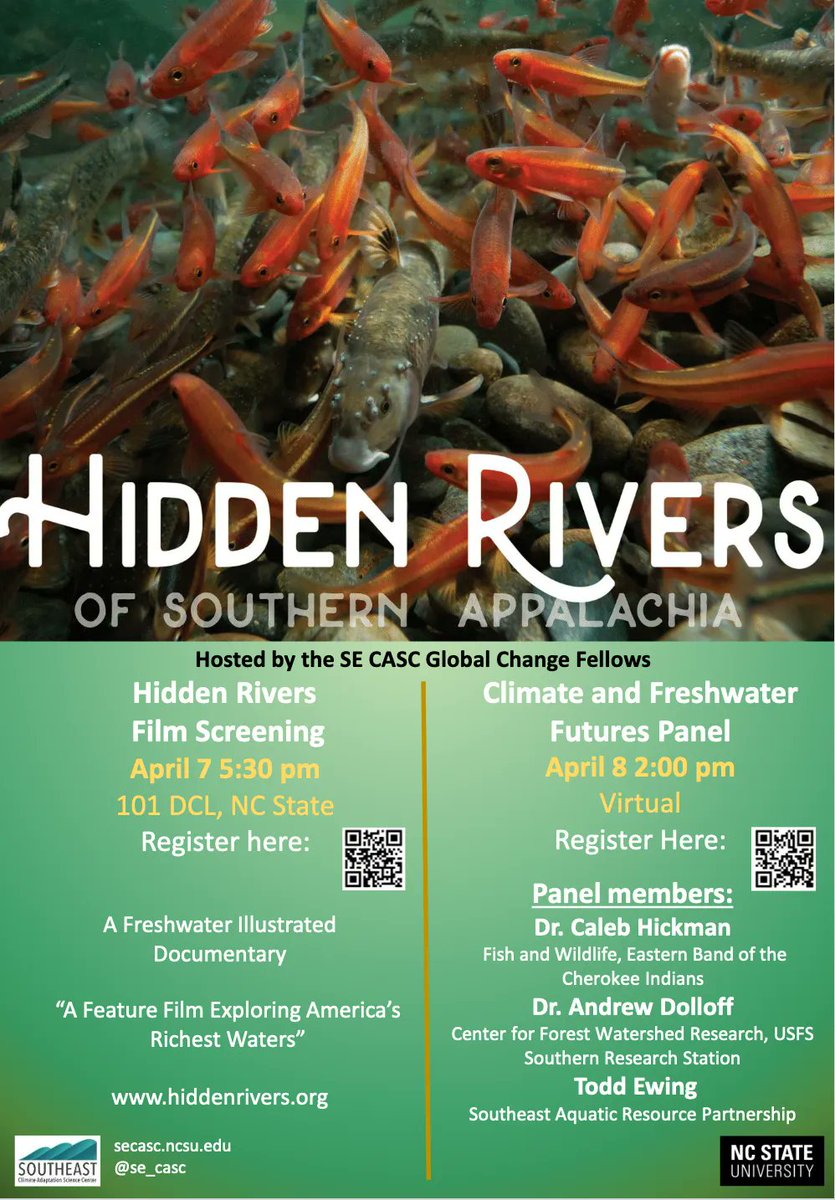NCStateAEC's tweet photo. Join the @SE_CASC Global Change Fellows for a two-day, film screening and panel: The Hidden Rivers of Appalachia, April 7 &amp; 8! Space is limited, register here: https://t.co/1yIgrYABor https://t.co/aym7pLgKGZ