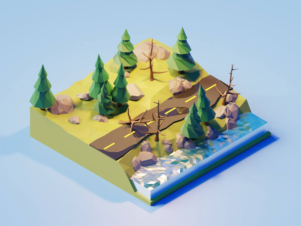 AaronMAI_3D's tweet photo. Just finished  the episode 2 of the "Become a 3D illustrator" course by @polygonrunway 
I really liked the texture painting part to create the water puddles on the road
#Blender3d #lowpoly #3dmodeling #3D https://t.co/shN8Pj16w6
