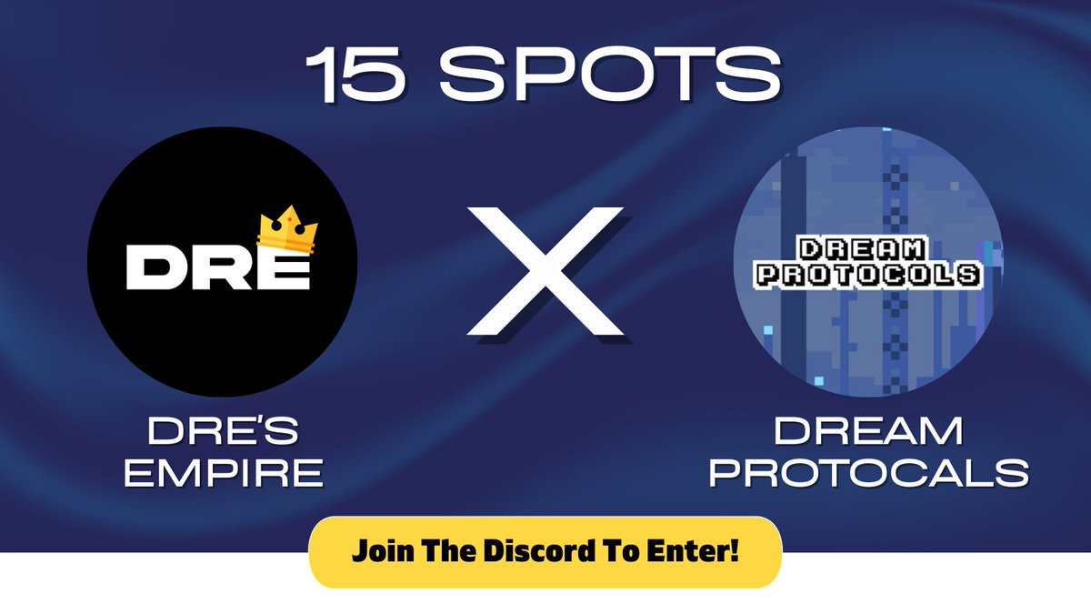 Dre (@dres_empire) on Twitter photo 🎉 Dre's Empire x Dream Protocols🎉
🎁 We will be giving away 15 whitelist spots for Dream protocols on our discord
To enter:
1. Follow @Dreamprotocols, <a href="/Dres_Empire/">Dre</a> & <a href="/Tma_420/">T.M.A</a>
2 Like, RT, Tag 3 Friends
3. Join the discord: Discord.gg/dresempire
Giveaway ends in 48 hours! 🎉 Dre's Empire x Dream Protocols🎉
🎁 We will be giving away 15 whitelist spots for Dream protocols on our discord
To enter:
1. Follow @Dreamprotocols, <a href="/Dres_Empire/">Dre</a> & <a href="/Tma_420/">T.M.A</a>
2 Like, RT, Tag 3 Friends
3. Join the discord: Discord.gg/dresempire
Giveaway ends in 48 hours!