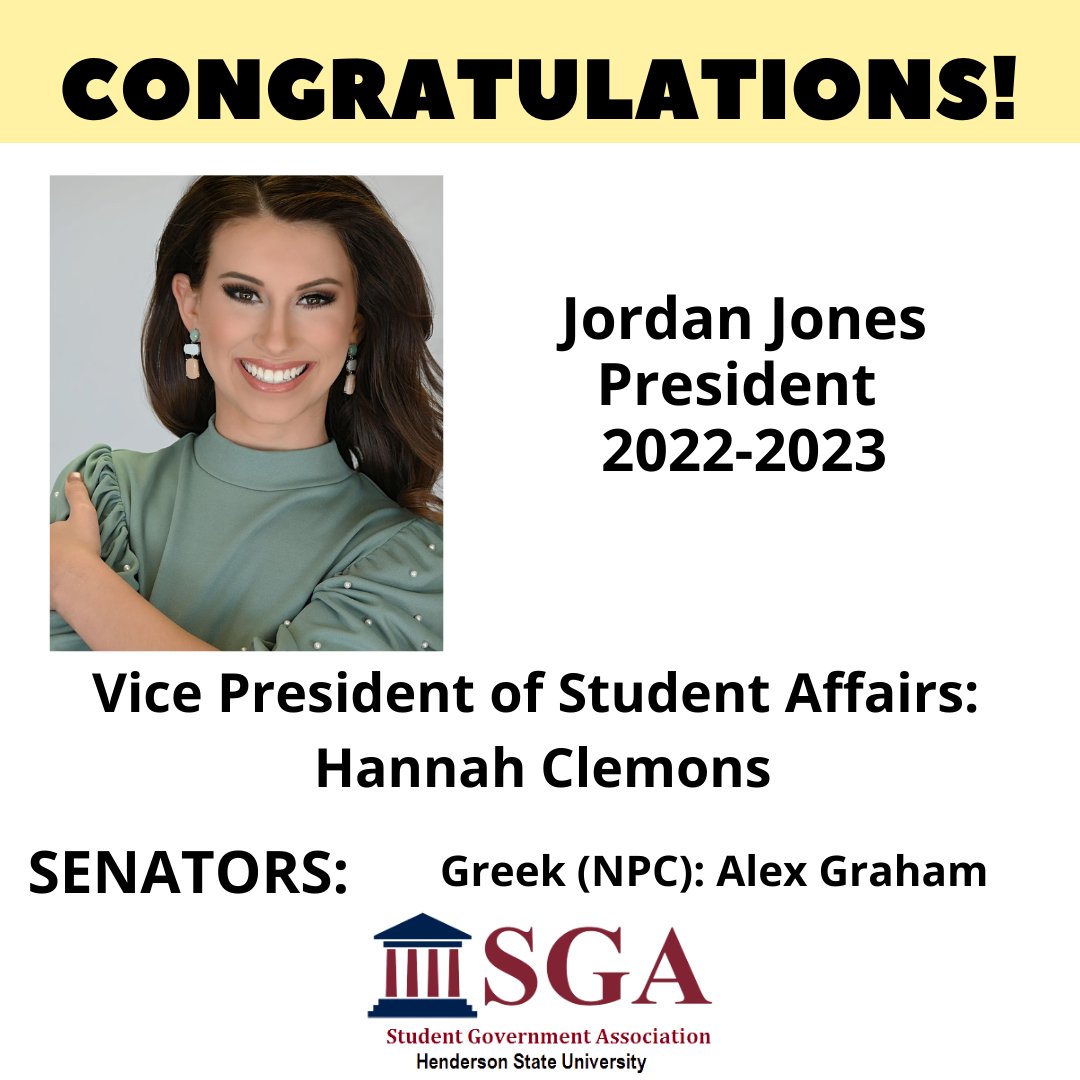 HendersonSGA's tweet photo. Here is your new SGA President for Fall 2022 - Spring 2023. Congratulations, Jordan Jones!! https://t.co/ygurOpiXTA