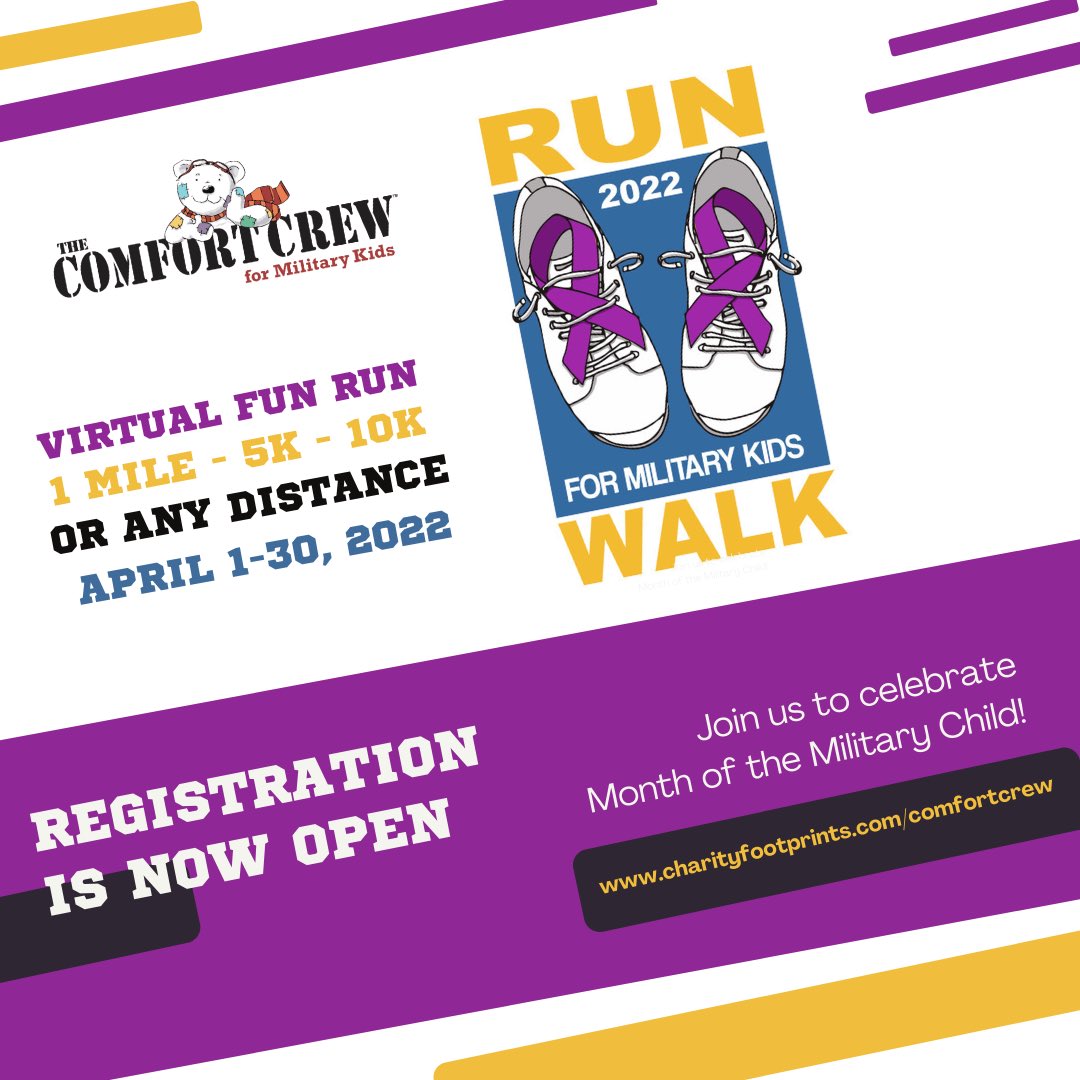 TheComfortCrew's tweet photo. ⚡️REGISTRATION IS OPEN⚡️
Sign up today and start tracking your distance for the whole month or time yourself in the 1m, 5k, or 10k, all to support #militarykids for #monthofthemilitarychild 💜
https://t.co/4nX8KAcyOf https://t.co/VAwjBQsdib