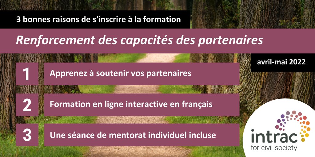 intrac_uk's tweet photo. ENG | New training alert! INTRAC is offering its Partner Capacity Strengthening online training in French!

FR | Nouveau cours ! INTRAC propose une formation en ligne sur "Renforcement des capacités des partenaires" en français ! Pour plus d'infos: https://t.co/YKhf6IsW8C https://t.co/PlWNLx5g1J