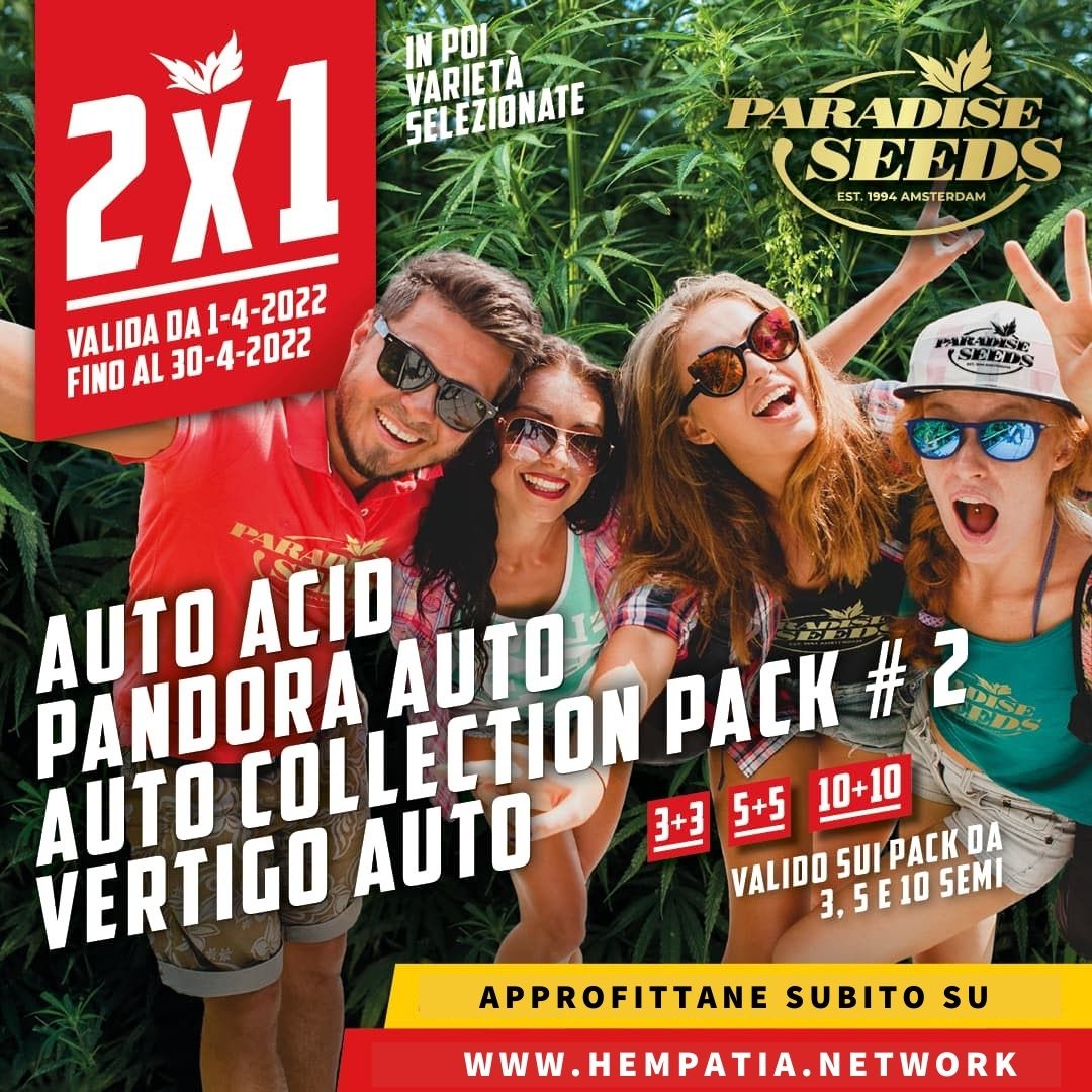 Fino al 30 Aprile 2x1 sulle confezioni da 3, 5 e 10 semi delle seguenti varietà automatiche Paradise Seeds *:

- Auto Acid
- Pandora Auto
- Auto Collection Pack #2
- Vertigo Auto

Approfittane su Hempatia Network: bit.ly/3NI01px

* non cumulabile con altre in corso