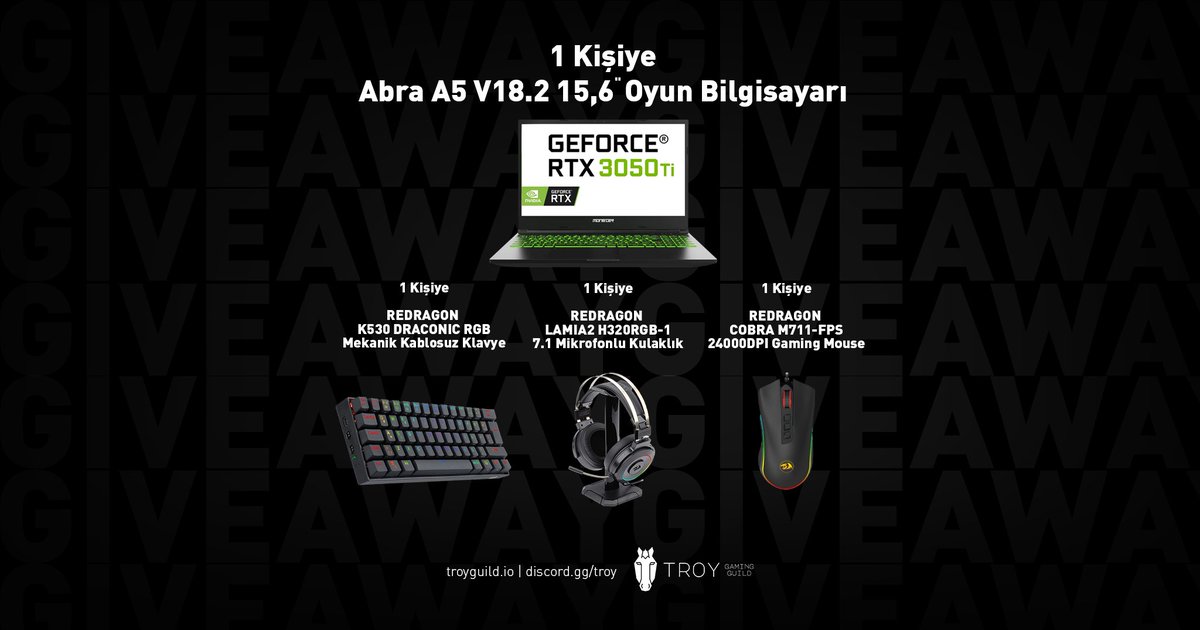 🌟GAMER #Gleam GIVEAWAY BAŞLADI!🌟

1x MONSTER Abra A5 V 18.2 Gaming Laptop
1x REDRAGON Gaming Keyboard
1x REDRAGON 7.1 Gaming HP
1x REDRAGON Gaming Mouse
10x Steam Wallet Key

Gleam'den hemen katılmak için tıkla 👉 bit.ly/3LQDCVl

#P2E #GleamGiveaway #Giveaway #TroyGG