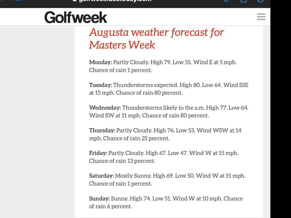 Weather for this years ⁦<a href="/TheMasters/">The Masters</a>⁩ is l👀kin pretty good.🤞
⁦<a href="/MrAndrewCotter/">Andrew Cotter</a>⁩ ⁦<a href="/RishiPersad1/">Rishi Persad</a>⁩ ⁦<a href="/Iona_Stephen/">Iona Stephen</a>⁩ ⁦@EilidhBarbour⁩ ⁦<a href="/nedmichaels/">Ned Michaels</a>⁩ ⁦<a href="/JonnyBramley/">Jonny Bramley</a>⁩ ⁦<a href="/BBCSport/">BBC Sport</a>⁩ ⁦<a href="/TheMasters/">The Masters</a>⁩ 💚 ⁦<a href="/golfweek/">Golfweek</a>⁩ Gonna be good!🌷👍