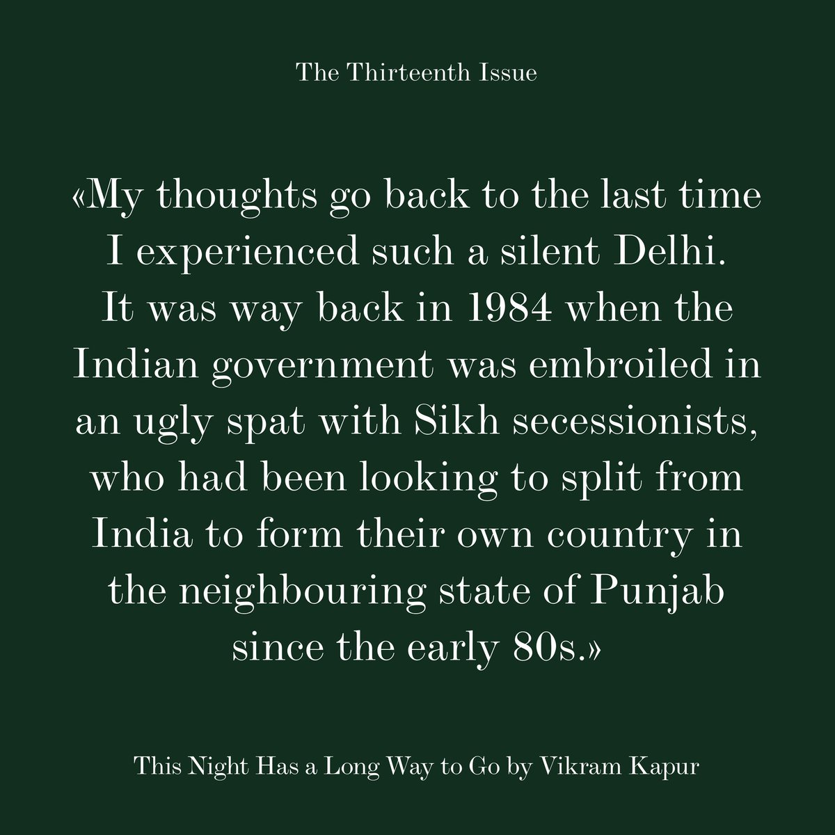 In "This Night Has A Long Way To Go,"  author Vikram Kapur <a href="/kapurvikram1/">Vikram Kapur</a> describes the feeling of a deserted Delhi during quarantine, simultaneously providing a glimpse into India's turbulent history.

Read more in the 13th issue of Berlin Quarterly. Link in bio.