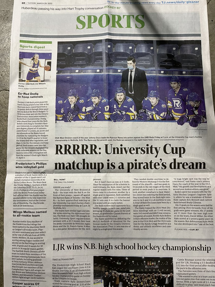 BenSteiner00's tweet image. The Rams are at the front of the sports section here in Halifax.

A big day for @RamsWBB yesterday with former UNB Red Mikaela Dodig, and @ramsmhockey looking for a big upset today.

#weRrams